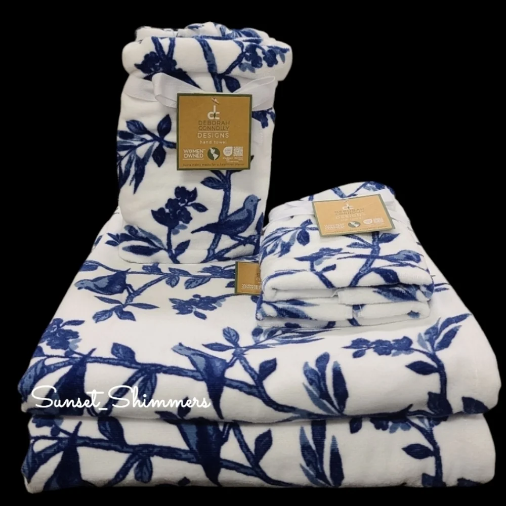 6pc Floral Song Bird Toile Velour Bath Hand Tip Towel Set Deborah Connolly